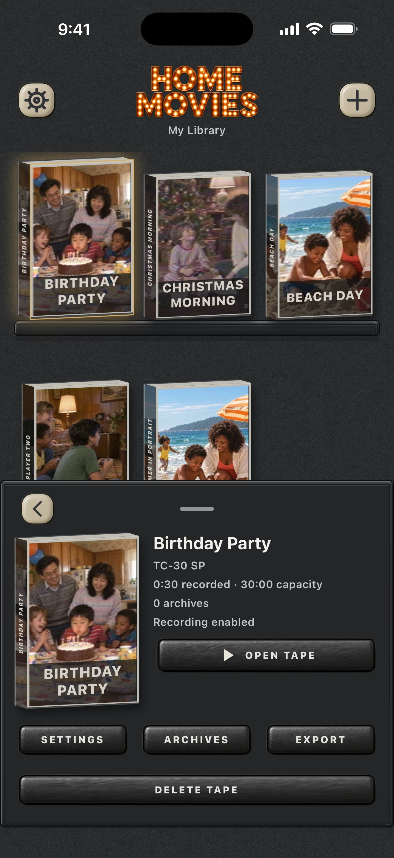 Home Movies’ rental-style tape shelf, with birthday, Christmas and beach covers and the selected tape’s details.